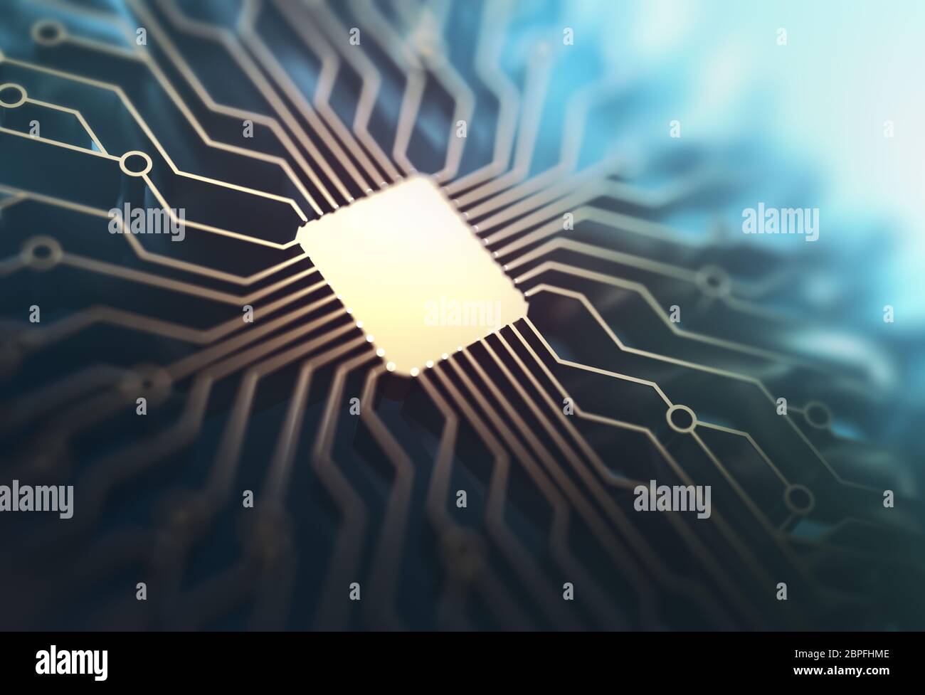 Microchip mit gold Verbindungen in die Tiefe des Feldes. Konzept der Technologie, der elektronischen Platine. 3D-Darstellung. Stockfoto