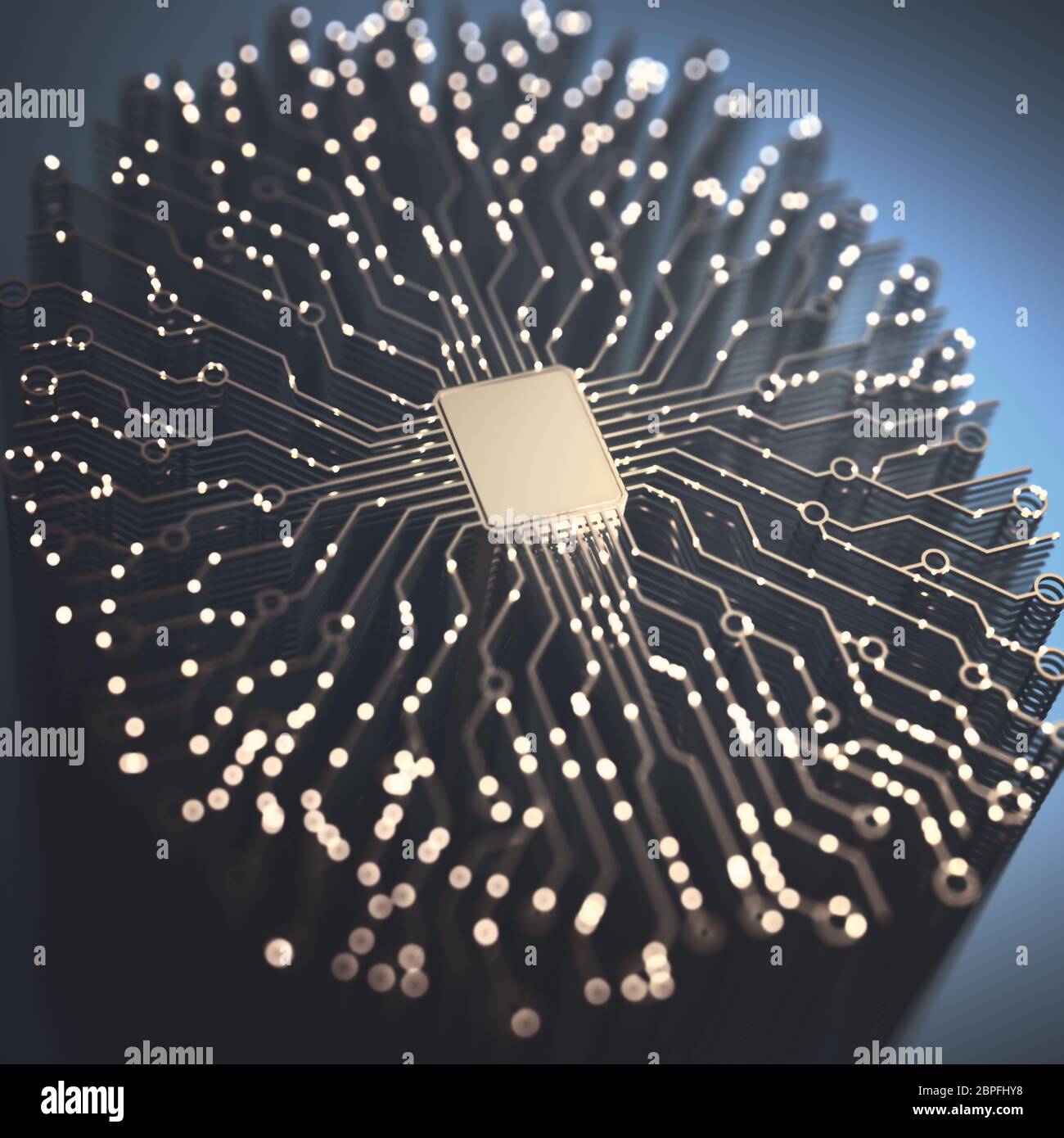 Künstliche Intelligenz. Microchip und Gehirn förmige Verbindungen. Elektrische Impulse, binäre Codes, die Aktivität des Gehirns. 3D-Darstellung. Stockfoto