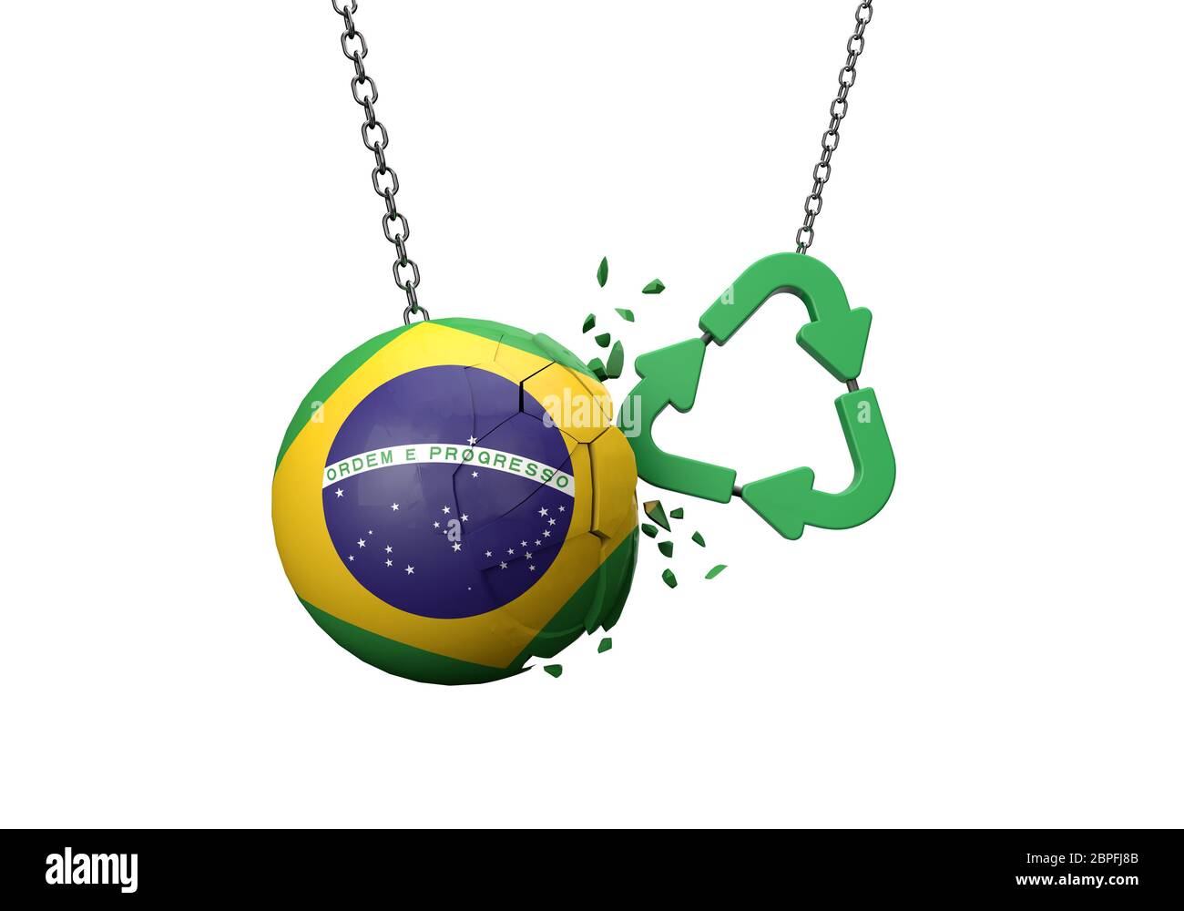 Green Recycling Symbol Absturz in eine Brasilien Flagge Ball. 3D-Rendering Stockfoto