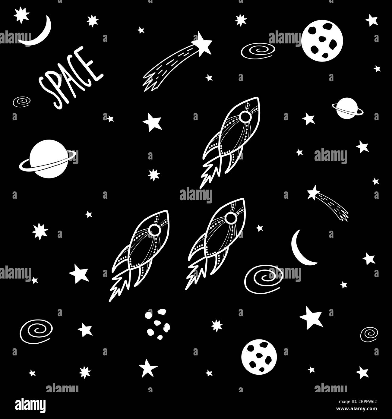 Nette Cartoon Doodle Raketen im Weltraum. Galaxy Muster für Drucke auf T-Shirt, Stoff, Papier. Vektorgrafik. Stock Vektor
