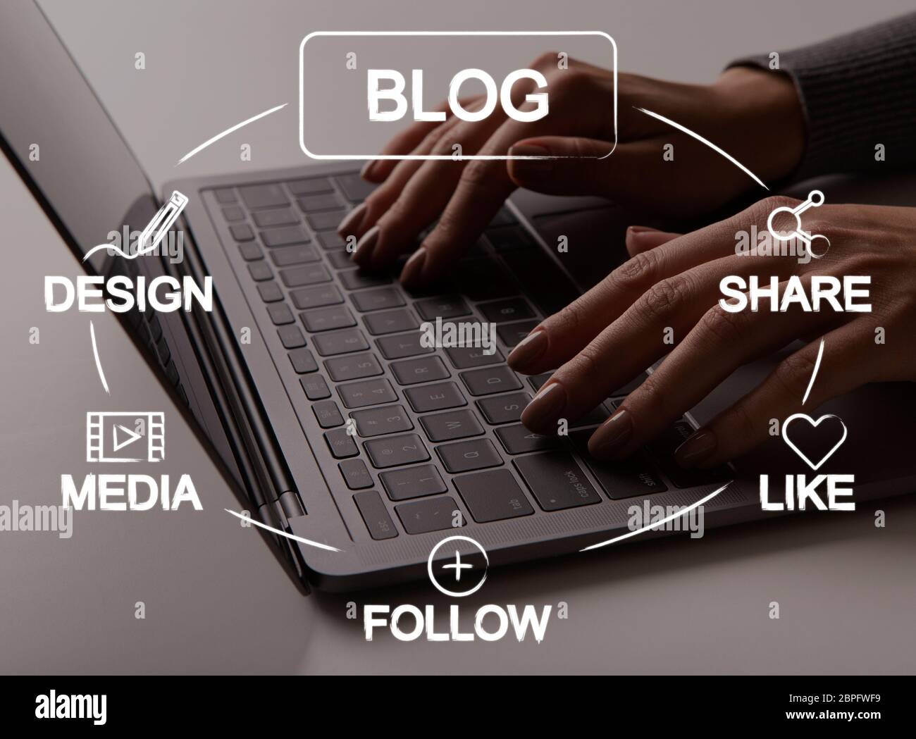 Bloggerin, die am Laptop arbeitet, neuen Post veröffentlicht, Collage mit Social-Media-Icons auf virtuellem Bildschirm Stockfoto