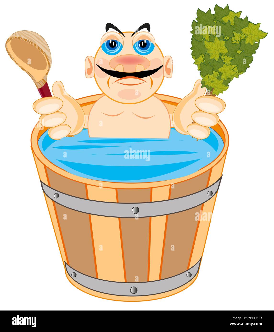 Vector Illustration Männer in Badewanne mit Besen in der Hand Stockfoto