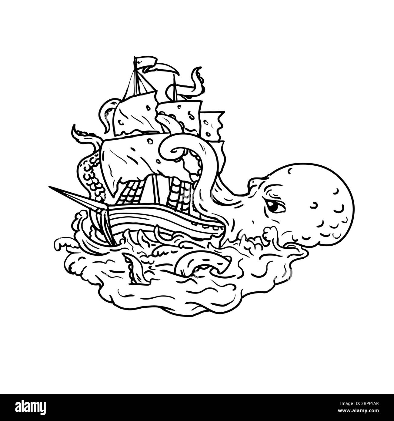 Doodle art Illustration eines Kraken, einem legendären Tintenfischfänger - wie die riesigen seemonster angreifen ein Segelschiff mit seinen Tentakeln am Meer mit turbulenten Stockfoto