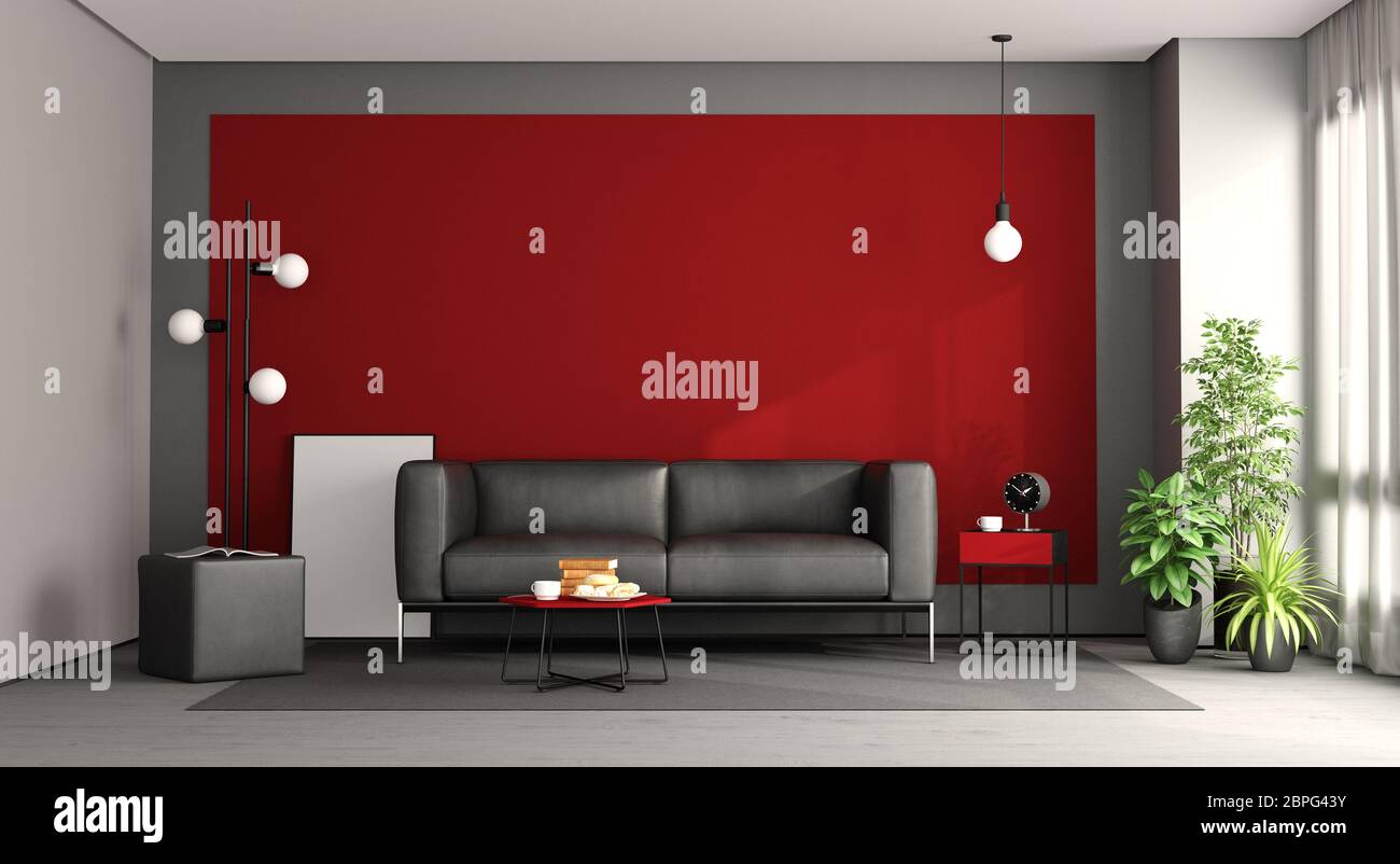 wohnzimmer mit schwarzes sofa gegen rote wand - 3d-rendering