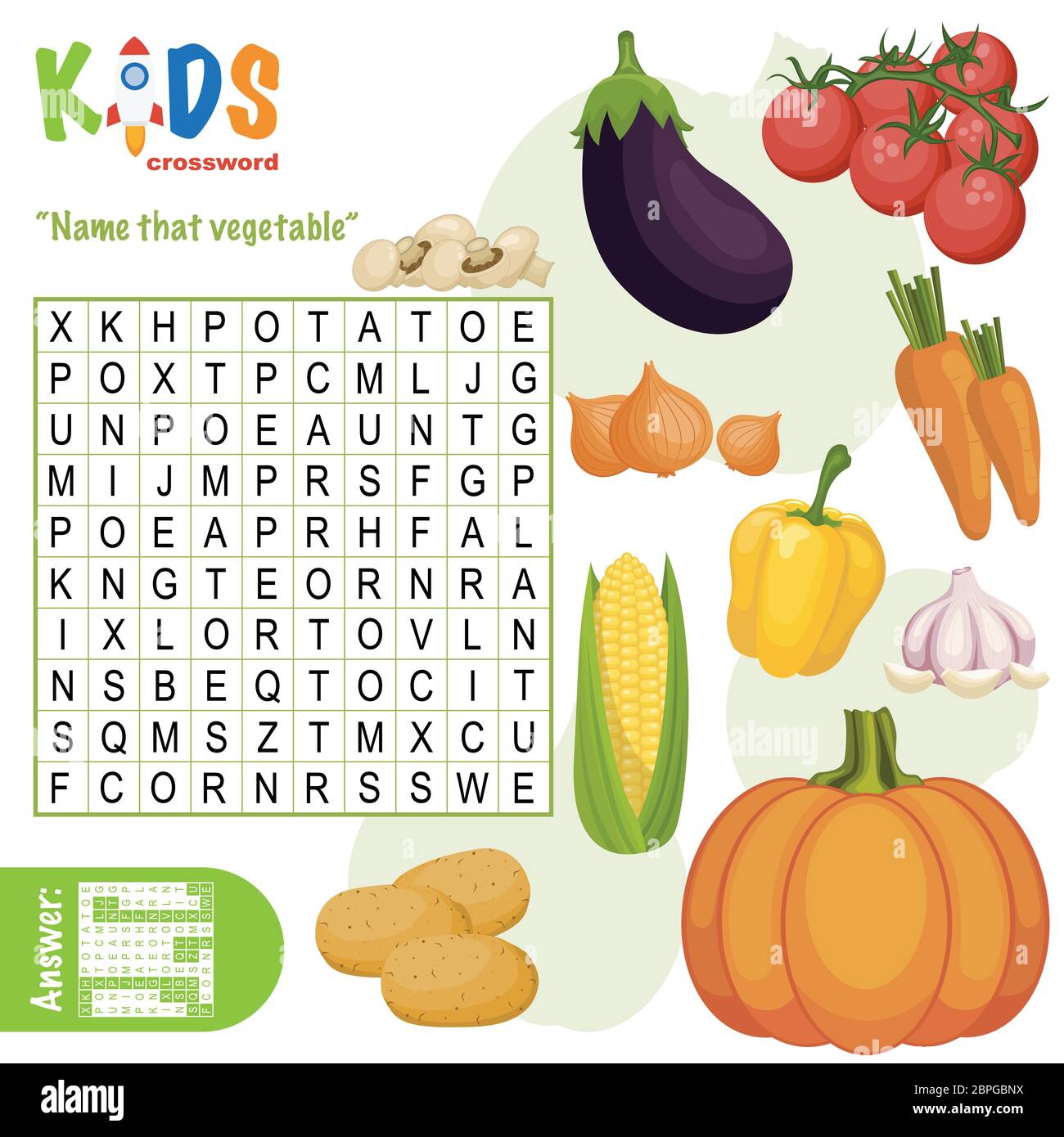 Einfache Wortsuche Kreuzworträtsel 'Name that vegetable', für Kinder in der Grund- und Mittelschule. Spaß Art, Sprachverstehen und zu üben Stock Vektor