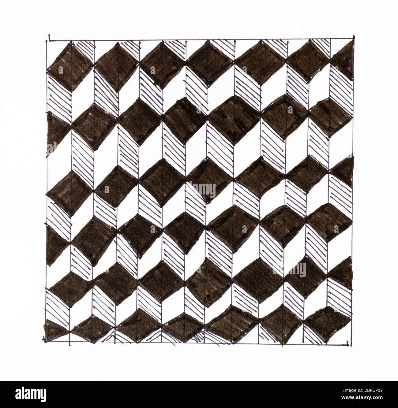 Abstrakte handgezeichnete Muster auf weißem Papier mit Filzstift - Schwarz-weiß karierten Ornament von Cubes Stockfoto