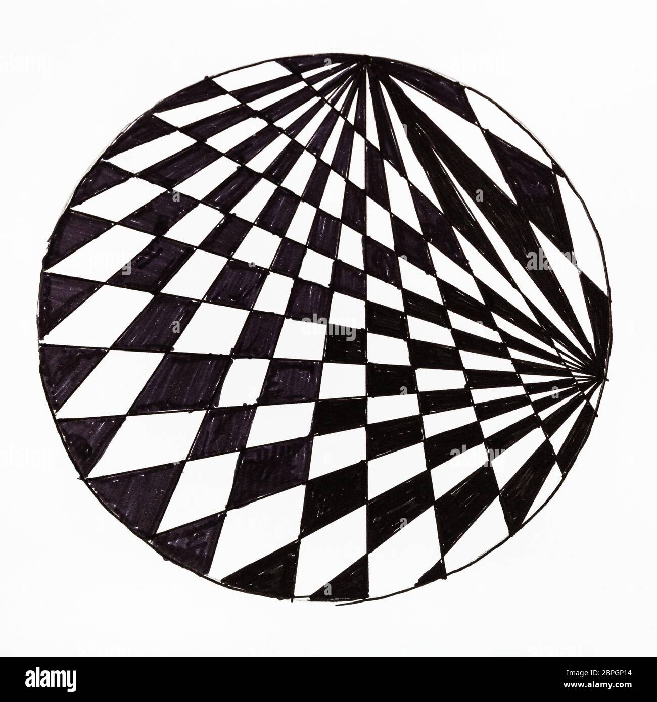Abstrakte handgezeichnete Muster auf weißem Papier mit Filzstift - Schwarz-weiß karierten Ornament im Kreis Stockfoto