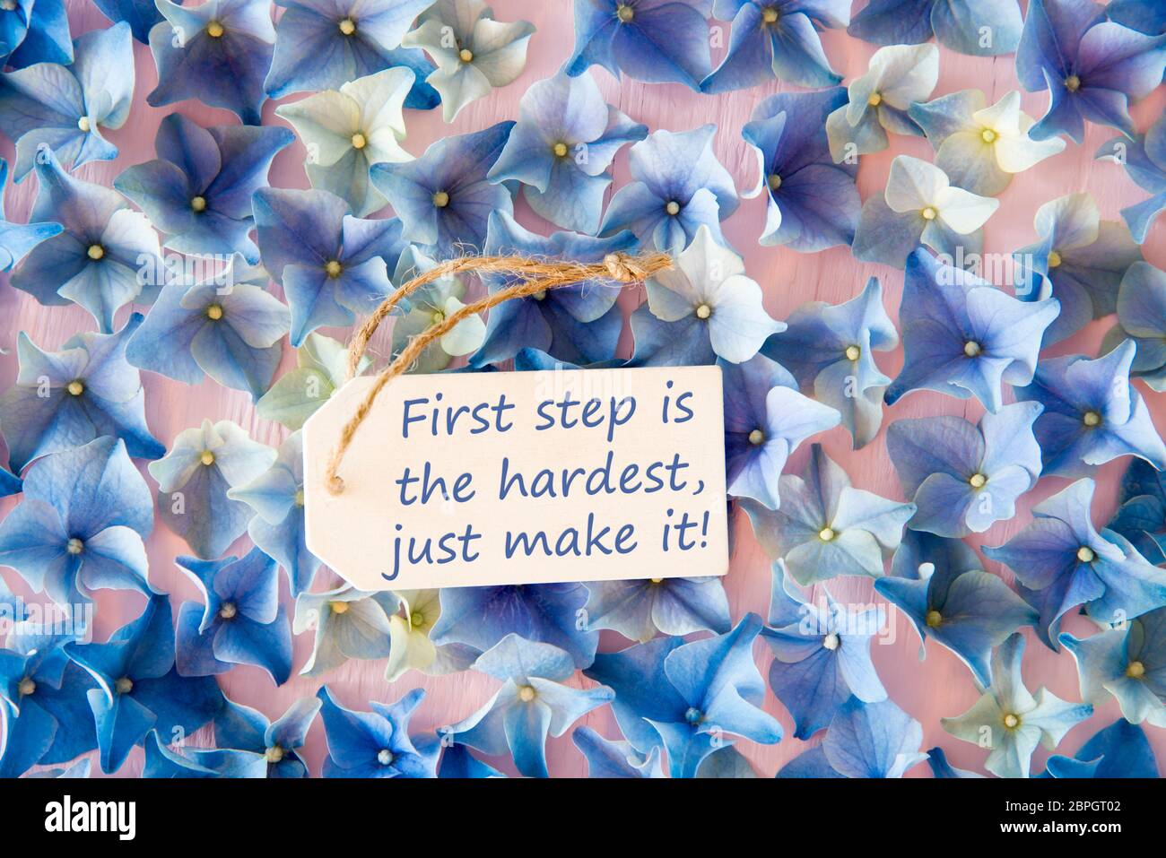 Etikett mit englischen Zitat der erste Schritt ist der schwierigste Nur machen es. Flach Hortensien Blüten. Stockfoto