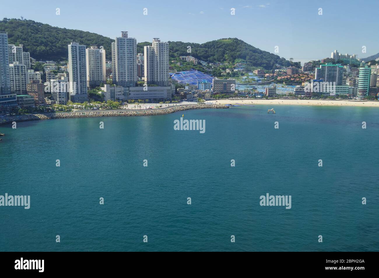 Blick auf Busan Stadtbild von oben an sonnigen Tag mit Songdo Strand und Meer Stockfoto