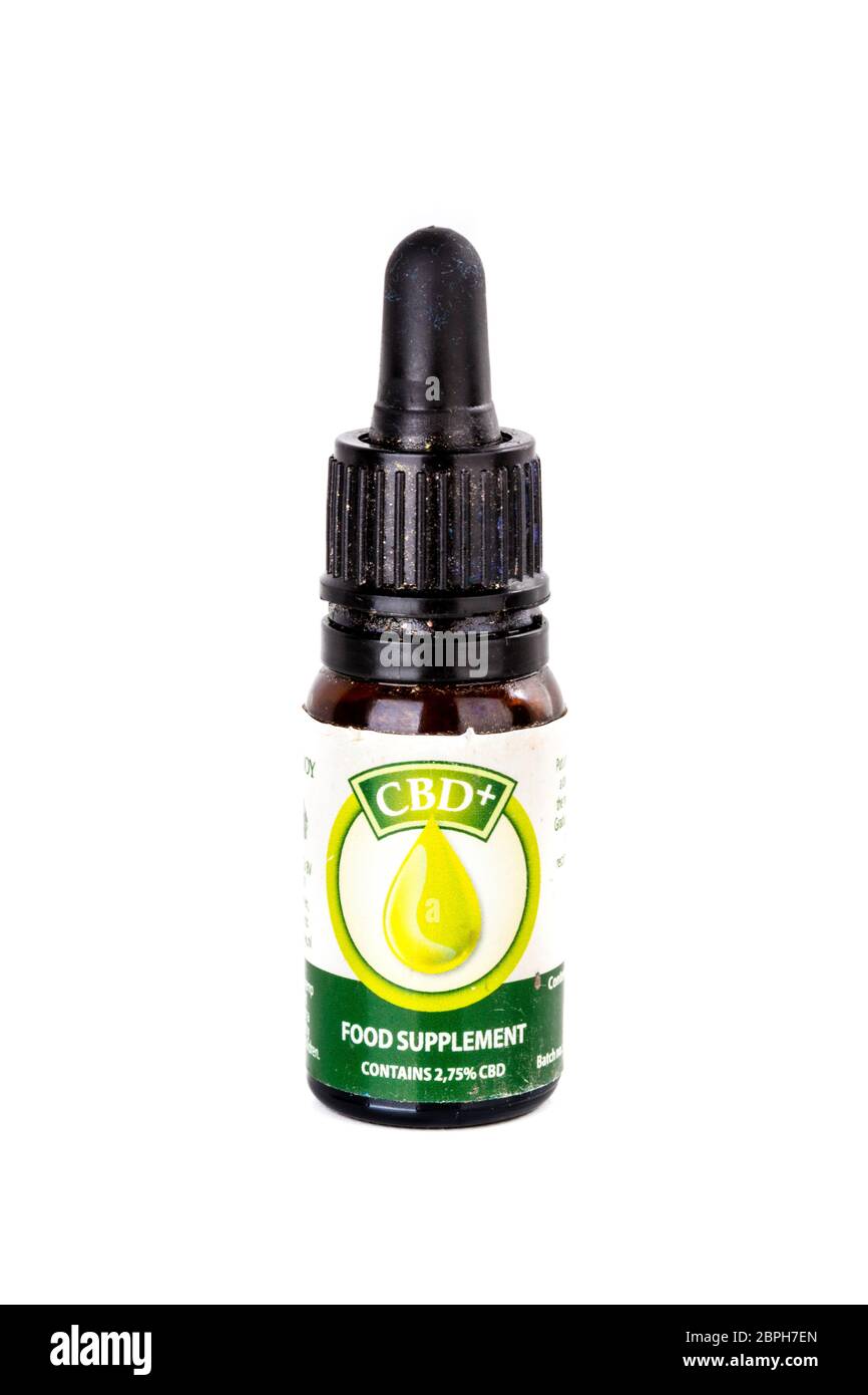 CBD-Nahrungsergänzungsmittel, CBD-Öl, CBD-Flasche, cbd-Dropper, Cannabidiol, Phytocannabinoid, Cannabinoide, Flasche, CBD, Stockfoto