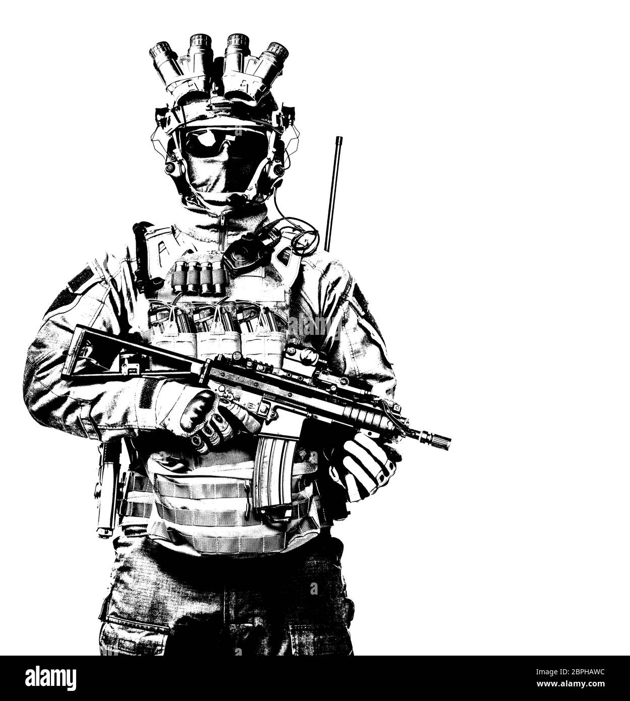 Special Operations Forces Soldat, Counter Terrorist squad Fighter, militärische Söldner in Maske und Nachtsichtgerät, mit kurzen Barrel bewaffneten Servic Stockfoto