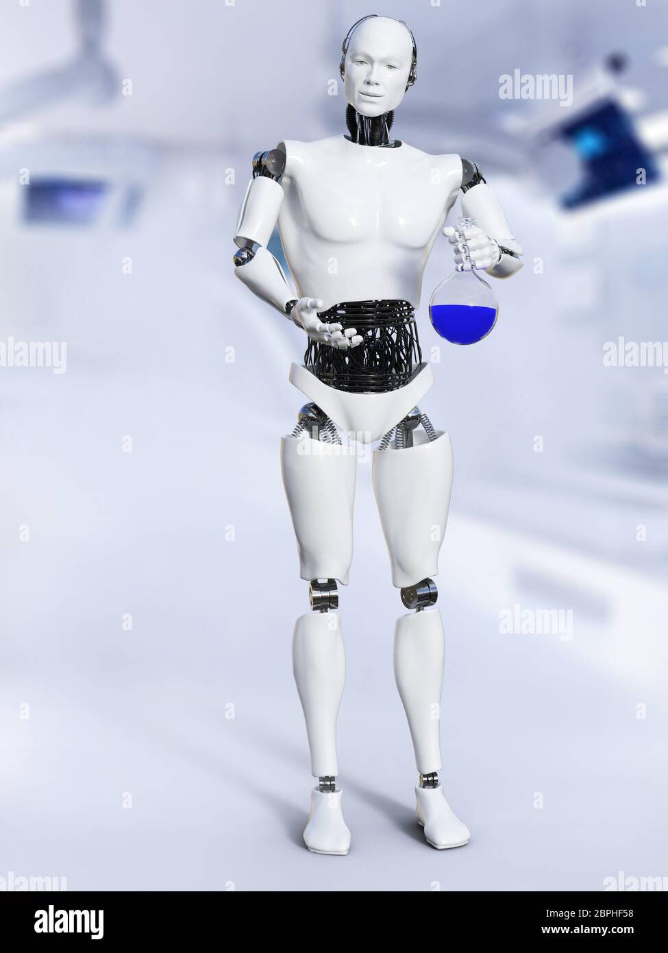 3D-Rendering eines männlichen Roboter in einem Labor arbeiten, einem wissenschaftlichen Experiment. Er hält einen Becher mit blauer Flüssigkeit. Stockfoto
