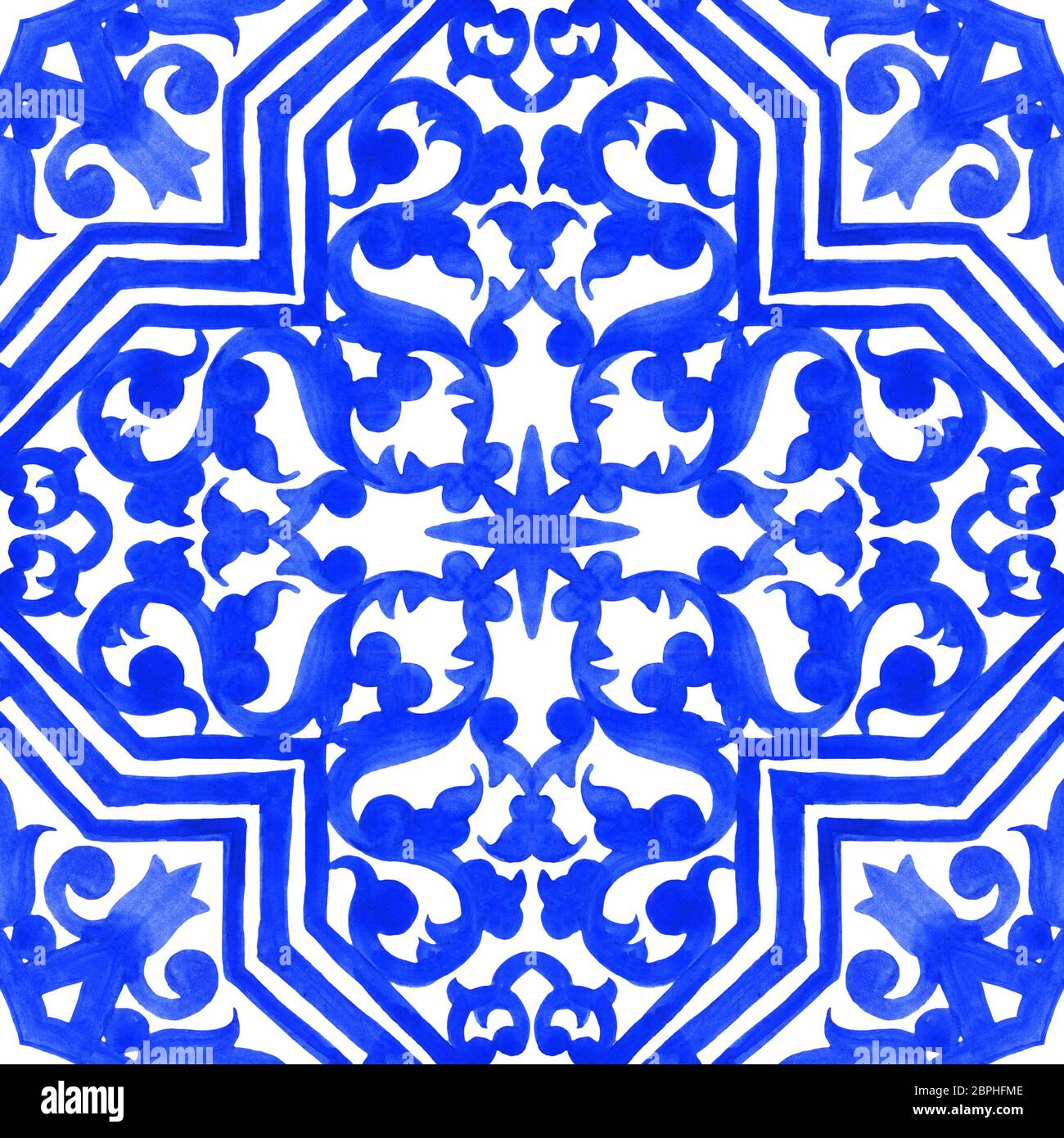 Portugiesische Azulejo Kacheln. Aquarell nahtlose Muster, druckt. Orientalische, Marokkanisch, geometrischen Motiven. Für die Verpackung von Kosmetika, Keramik, T-Sh geeignet Stockfoto