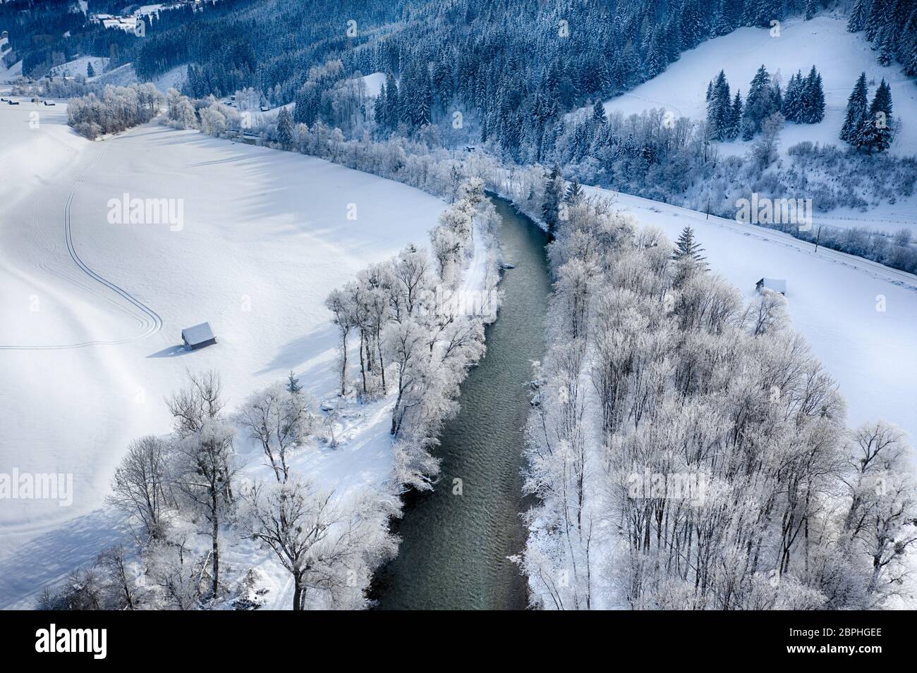 Luftaufnahme Enns in Ennstal, Steiermark, Österreich im Winter Stockfoto