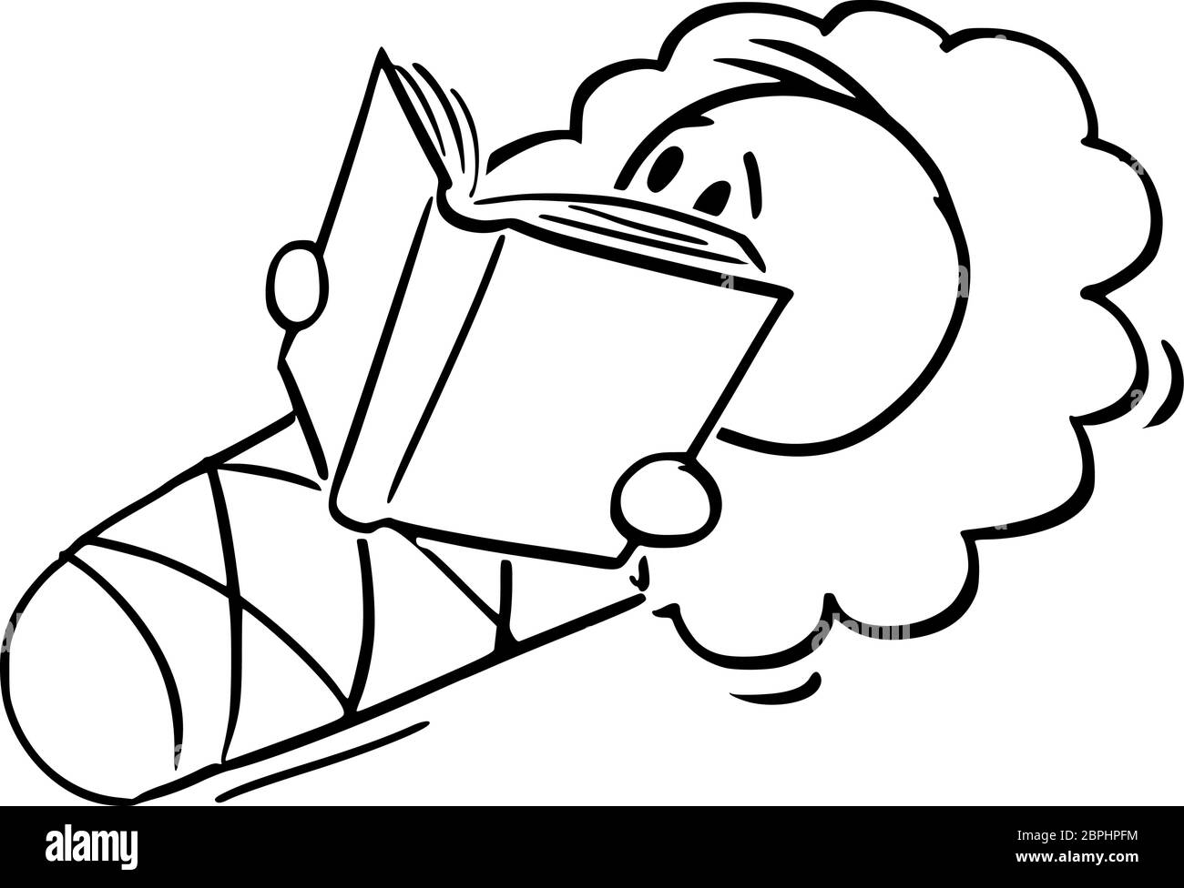 Vektor Cartoon Stick Figur Zeichnung konzeptionelle Illustration von Baby in Wrap oder Swaddle Decke halten, Lesen oder Studium Buch gewickelt. Stock Vektor