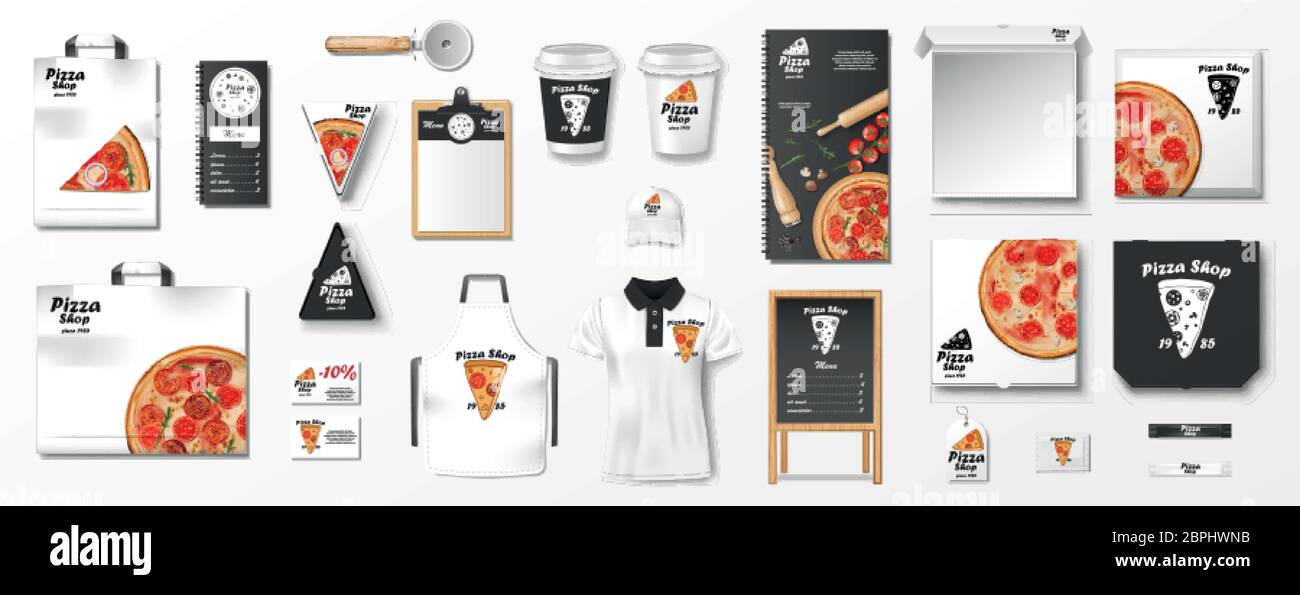 Mockup-Set für Pizzeria, Café oder Restaurant. Realistische Branding-Set von Pizzeria Flyer, Uniform, Pizza-Box, Menü, Karton-Paket. Pizza-Modell Stock Vektor