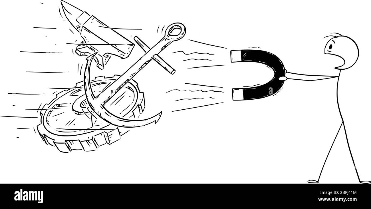 Vektor Cartoon Stick Figur Zeichnung konzeptionelle Illustration des Menschen hält großen Magneten zieht große gefährliche Stücke von alten Schrott wie Zahnrad, Amboss und Anker. Stock Vektor