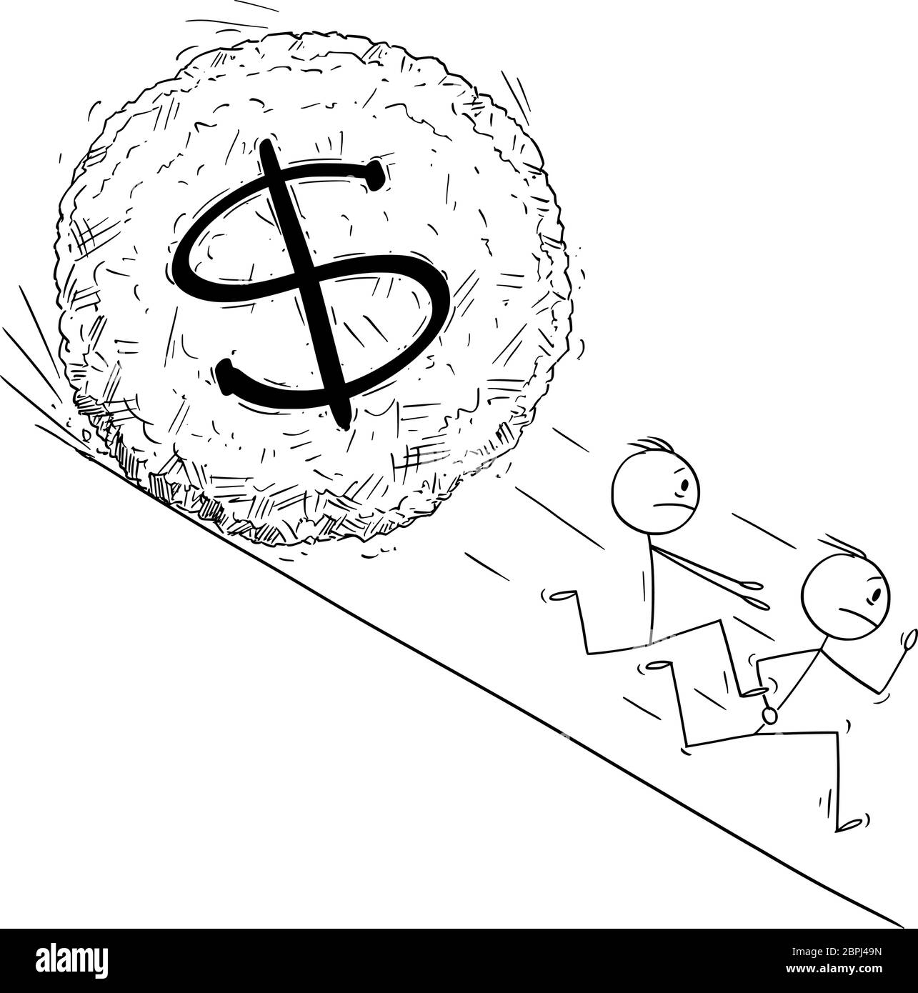 Vektor Cartoon Stick Figur Zeichnung konzeptionelle Illustration der Gruppe von Investoren oder Geschäftsleute, die weg von Dollar Währung Symbol Boulder rollt Hügel. Finanzkonzept. Stock Vektor