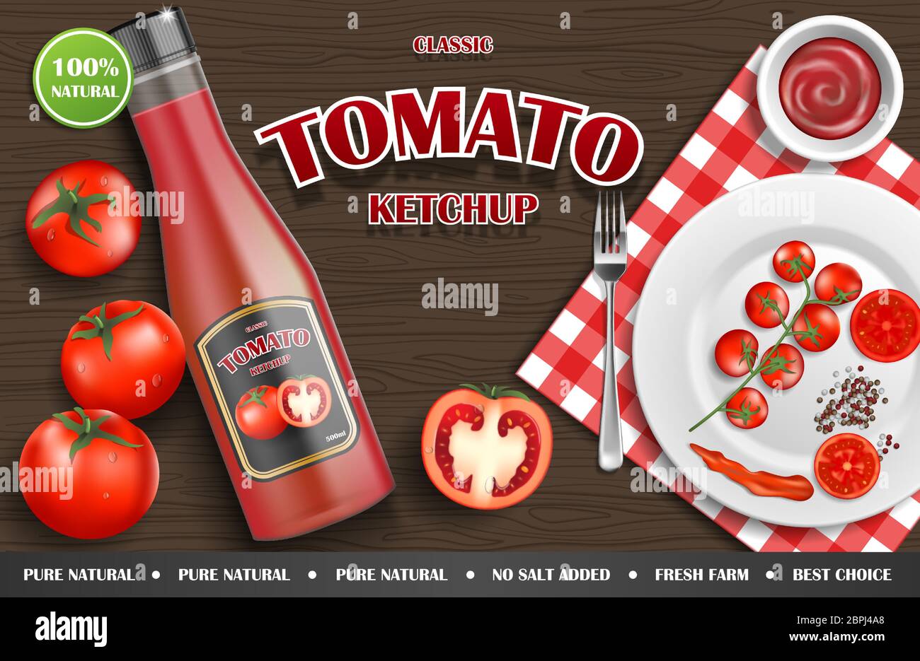 Tomatenketchup ad. Realistische Ketchup-Sauce Flasche mit Tomaten und Platte auf Holzhintergrund. vektor-Abbildung Stock Vektor