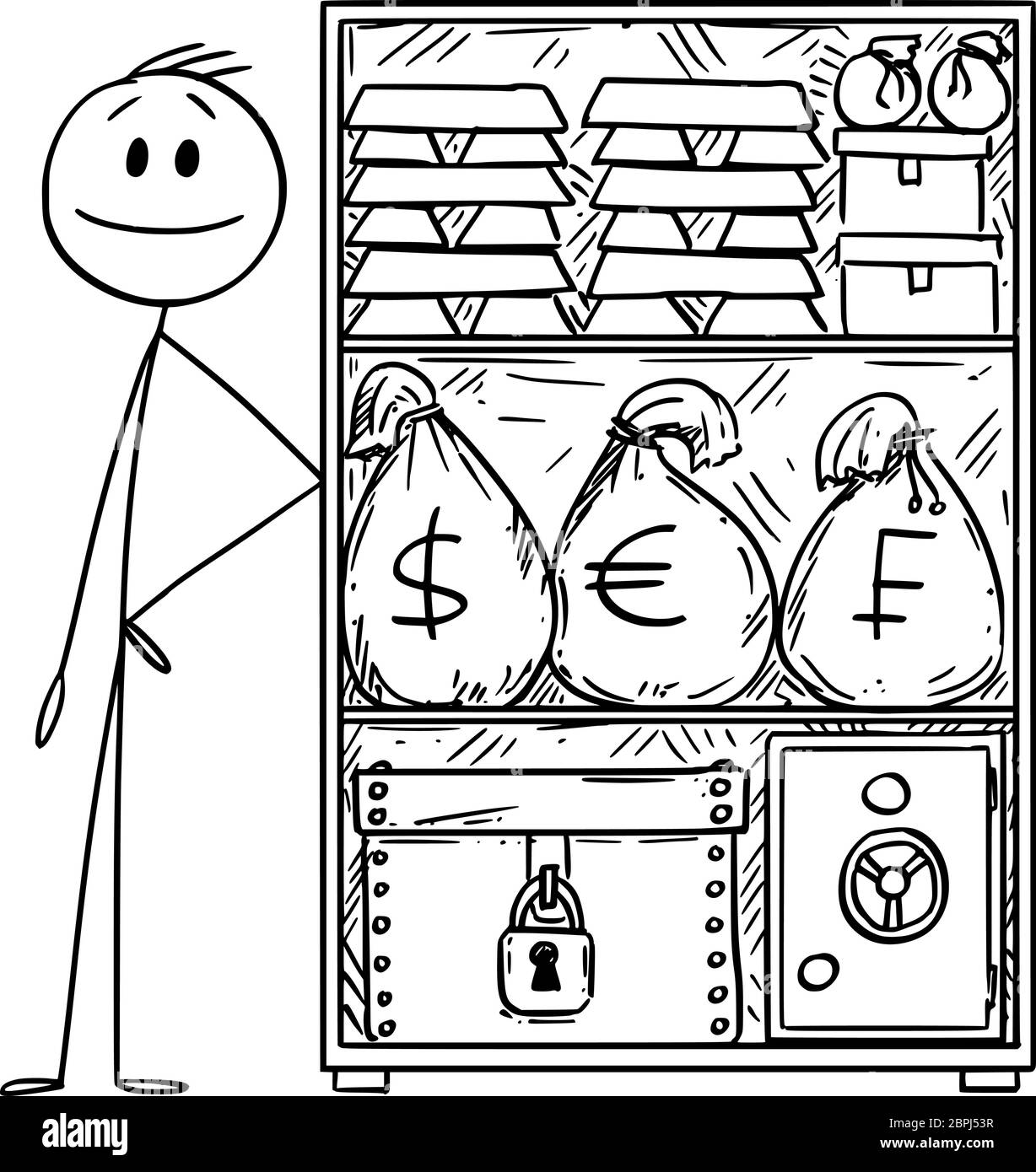 Vektor Cartoon Stick Figur Zeichnung konzeptionelle Illustration von reichen oder reichen Mann mit Vorrat an Geld und Gold für die Krise. Stock Vektor