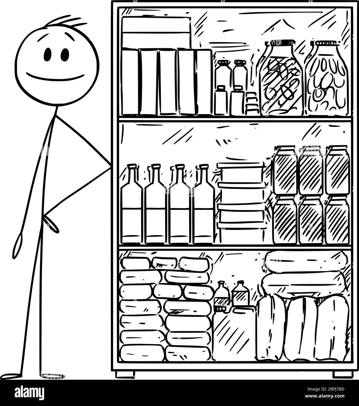 Vektor Cartoon Stick Figur Zeichnung konzeptionelle Illustration des Menschen mit Vorrat von Lebensmitteln für die Krise oder Coronavirus covid-19 Epidemie. Stock Vektor