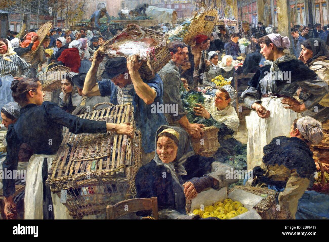 Les Halles 1895 Léon Lhermitte 1844-1925, Französisch, Frankreich. (Les Halles de Paris - Die Hallen, war Paris der zentralen Markt mit frischen Lebensmitteln. Das Hotel liegt im Herzen der Stadt, es wurde 1971 abgerissen und ersetzt mit dem Forum des Halles, einem modernen Einkaufszentrum) Stockfoto