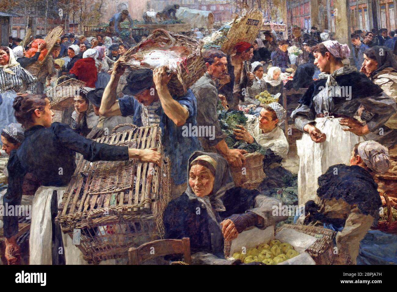 Les Halles 1895 Léon Lhermitte 1844-1925, Französisch, Frankreich. (Les Halles de Paris - Die Hallen, war Paris der zentralen Markt mit frischen Lebensmitteln. Das Hotel liegt im Herzen der Stadt, es wurde 1971 abgerissen und ersetzt mit dem Forum des Halles, einem modernen Einkaufszentrum) Stockfoto