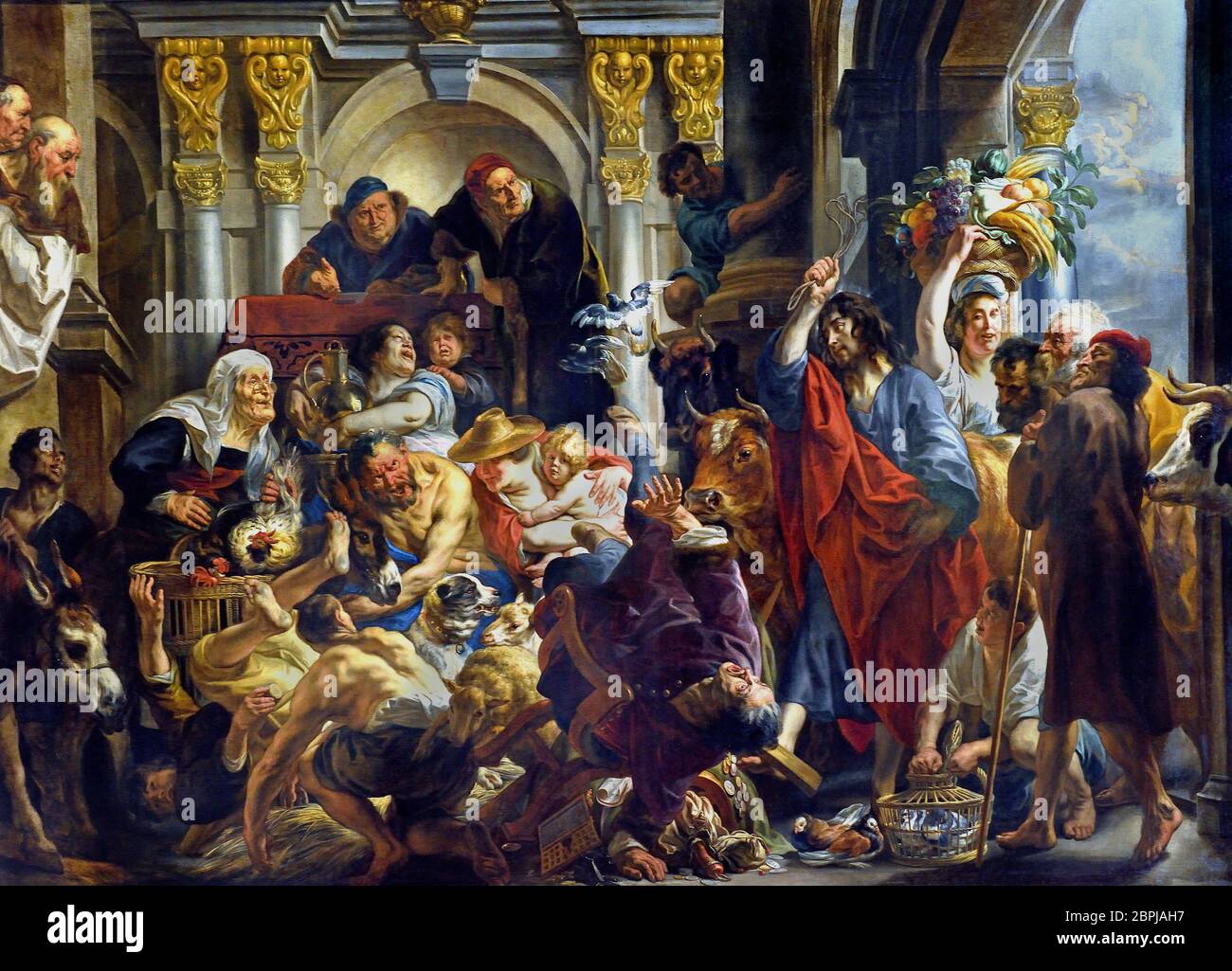 Jesus treibt die Händler aus dem Tempel von Jacob JORDAENS (Antwerpen, 1593 - Antwerpen, 1678) ( der Tumult im Neuen Testament beschrieben Jesus tritt in den Tempel und, mit einer Peitsche, vertreibt alle Händler verschmutzen seine Heiligkeit mit ihrem Grundhandel. ) Stockfoto
