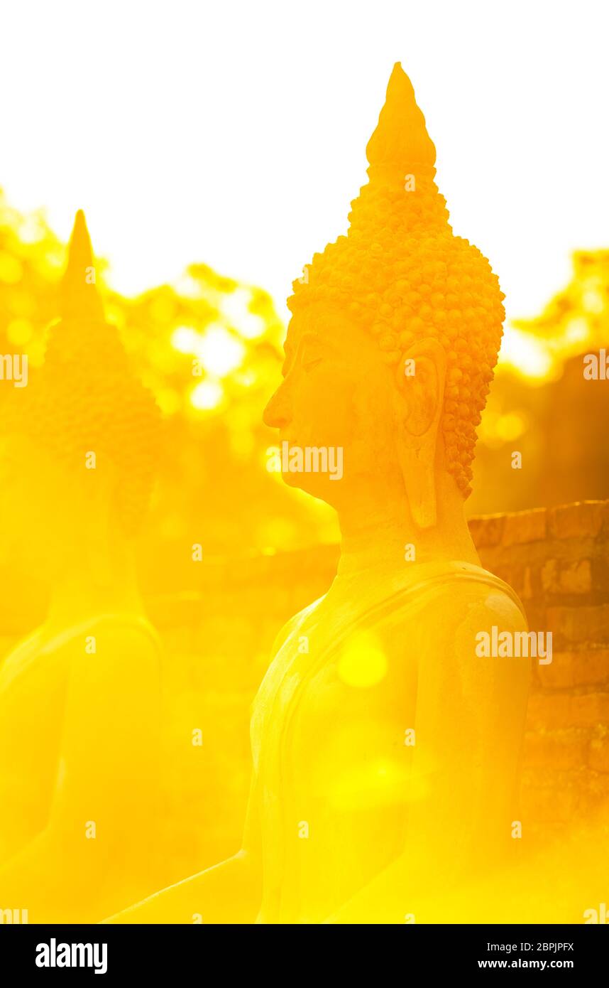 Budda Kopf im Sonnenlicht, Ruhe des Geistes Hintergrund Konzept Stockfoto