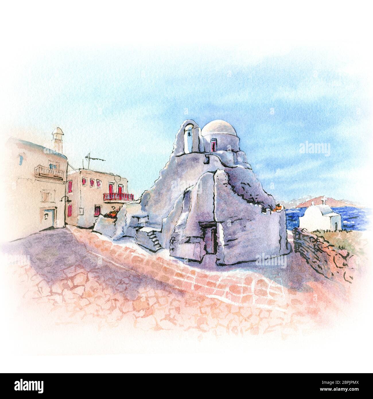 Aquarellskizze der Kirche Panagia Paraportiani, die berühmtesten architektonischen Strukturen Griechenlands, auf der Insel Mykonos, Griechenland Stockfoto