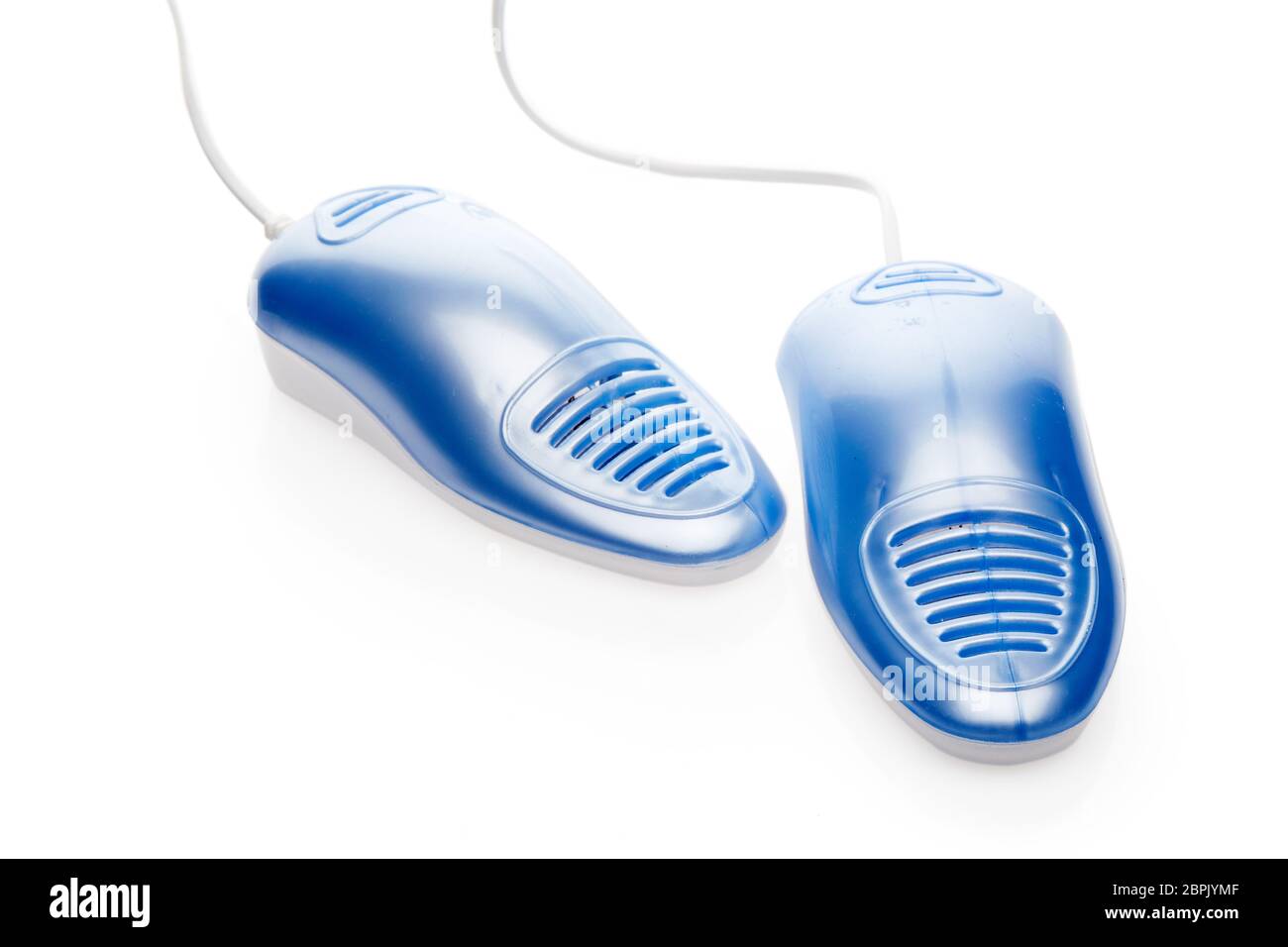 Elektroschuhe Trockner mit UV-Sterilisation auf weißem Hintergrund, Deodorant und antimykotische Wirkung. Konzept der gesunden Füße Stockfoto
