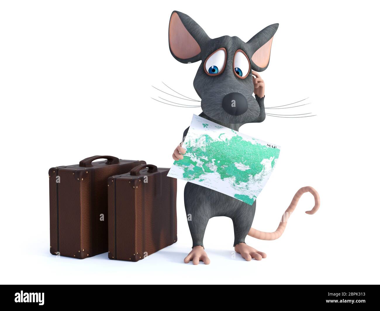 3D-Rendering von einem netten cartoon Maus Holding eine Karte und wie er denkt über etwas. Er scheint bereit, mit zwei Koffern neben zu reisen Stockfoto