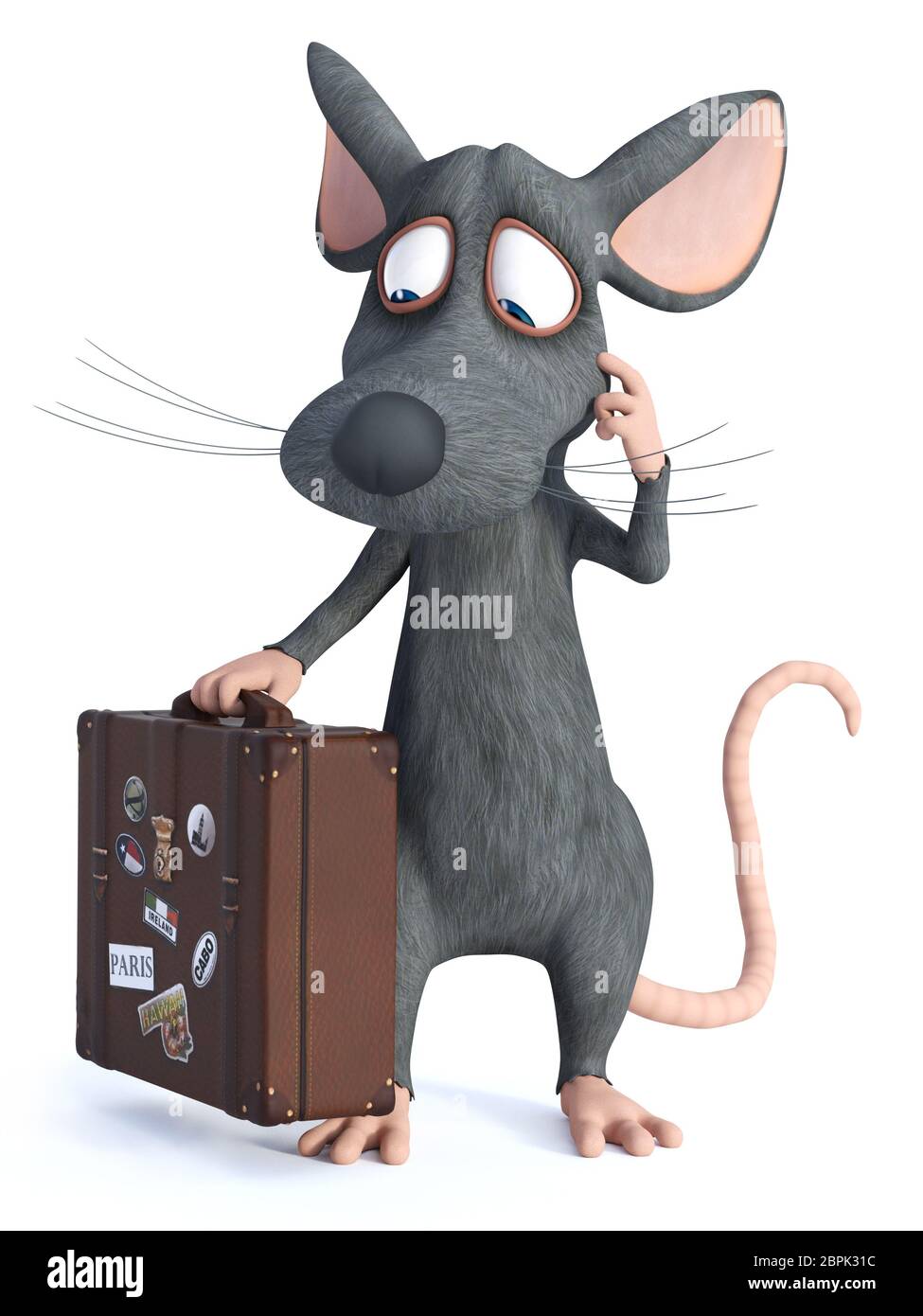 3D-Rendering von einem netten cartoon Maus mit einem Reisekoffer und wie er denkt über etwas. Er scheint bereit zu reisen. Weiß backgr Stockfoto