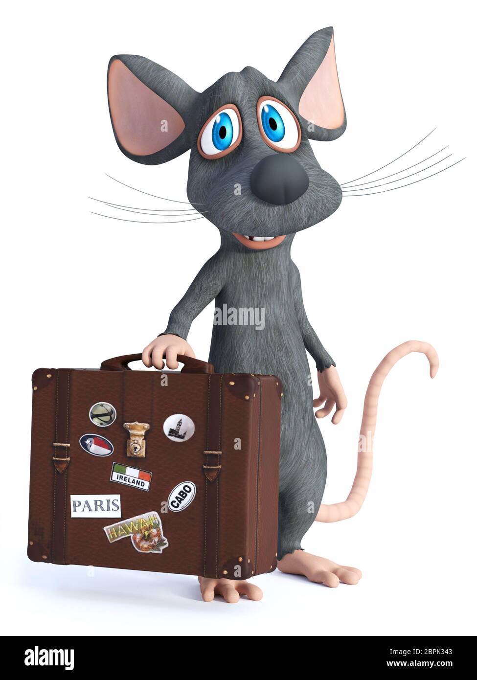 3D-Rendering von einem netten cartoon Maus mit einem Reisekoffer und lächelnd. Er scheint bereit zu reisen. Weißer Hintergrund. Stockfoto