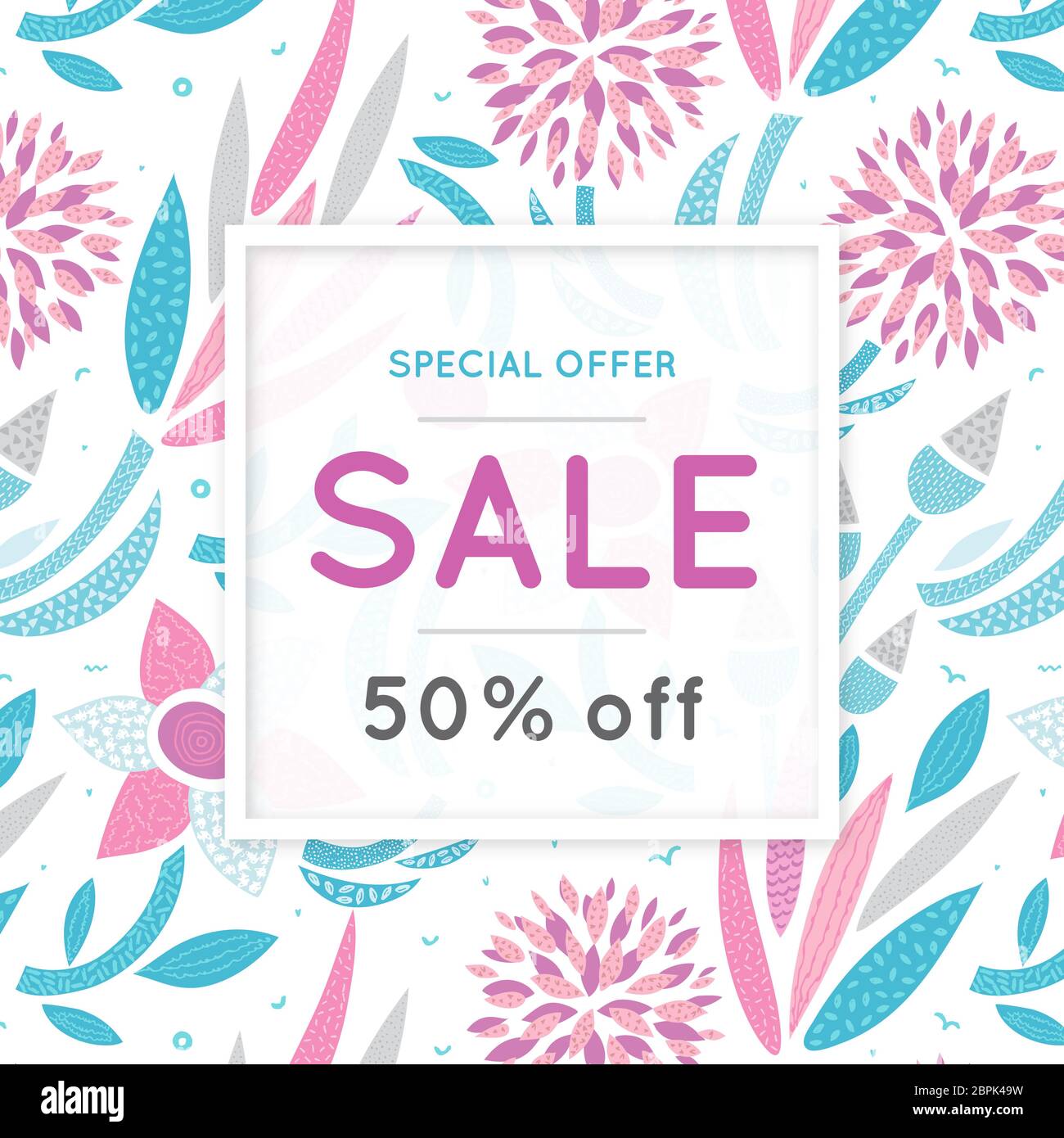 Verkauf. Blumenmuster. Handgezeichnete Blumen. Rabatt. Einkaufen. Handel. Farbenfroher Hintergrund mit Blüte. Abstraktes Kraut. Frühling. Flyer, Werbung Stockfoto