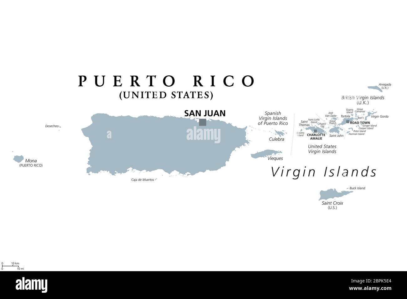 Puerto Rico und Jungferninseln, graue politische Karte. Britische, spanische und amerikanische Jungferninseln. Stockfoto