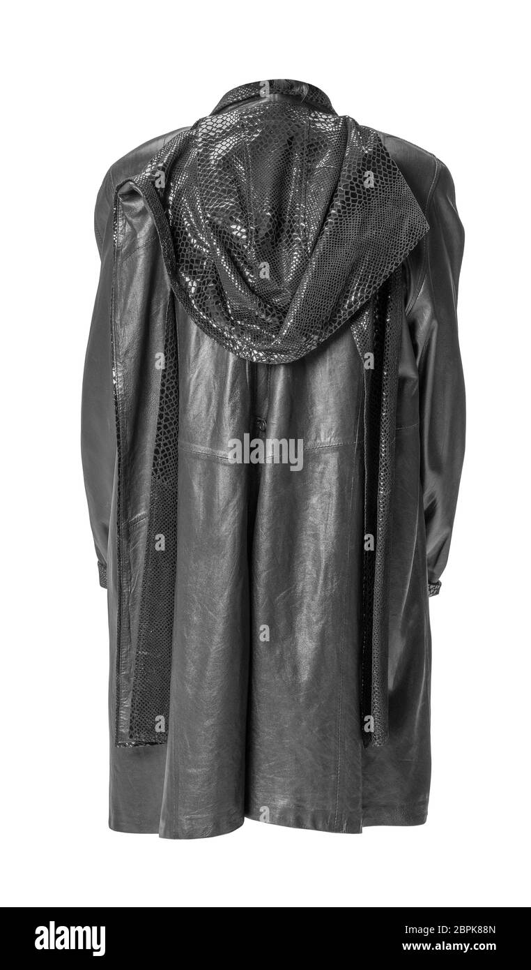 Schwarzer Ledermantel isoliert in weißem Rücken Stockfoto