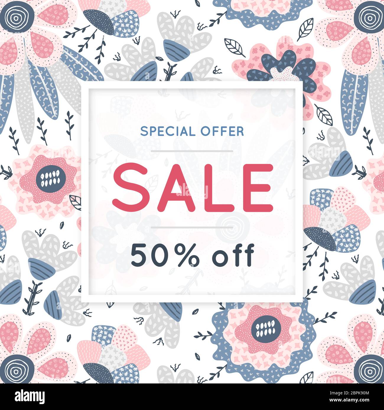 Verkauf. Blumenmuster. Handgezeichnete Blumen. Rabatt. Einkaufen. Handel. Farbenfroher Hintergrund mit Blüte. Abstraktes Kraut. Frühling. Flyer, Werbung Stockfoto
