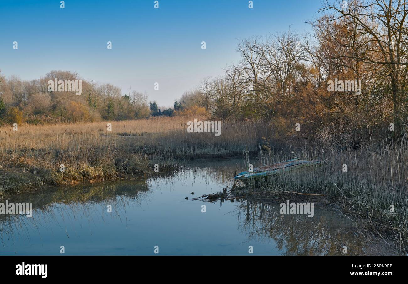 Boot inmitten der bunten Winterlandschaft der venezianischen Lagune von Caorle mit Schilf, Bäumen und blauem Meerwasser Stockfoto