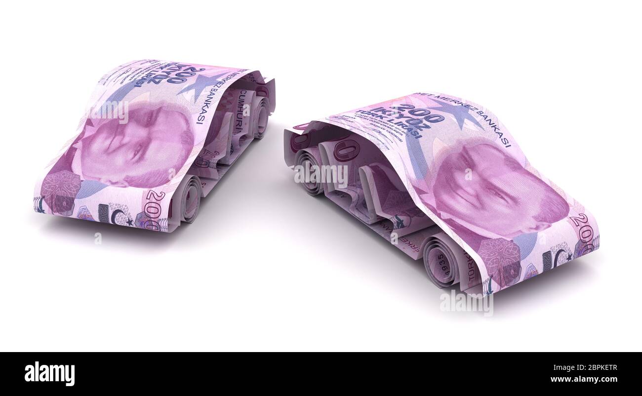 Autofinanzierung mit Türkischen Lira (isoliert auf weißem Hintergrund) Stockfoto