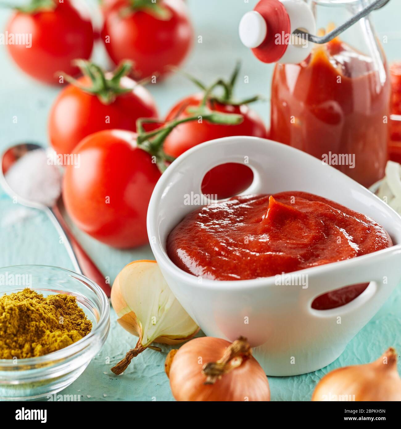 Frisch Tomaten pürieren, mit Gewürzen und Zwiebeln für einen schmackhaften Schüssel mit Tomatensoße, catsup oder Ketchup im quadratischen Format Stockfoto