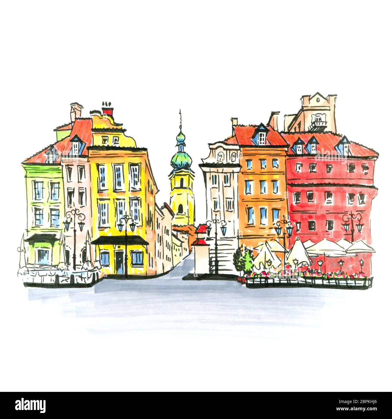 Farbe Hand zeichnen, Castle Square, Piwna Strasse und den Glockenturm von St. Martins Kirche in die Warschauer Altstadt, Polen. Bild Liner und Markierungen Stockfoto