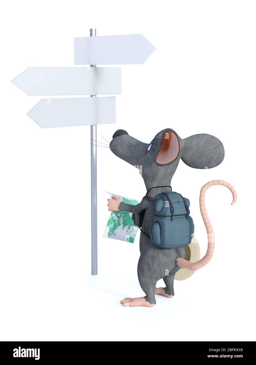 3D-Rendering von einem netten Lächeln cartoon Maus wie ein Tourist mit seinem Rucksack und halten Sie eine Karte und eine leere Straße unterzeichnen. Er scheint r Stockfoto