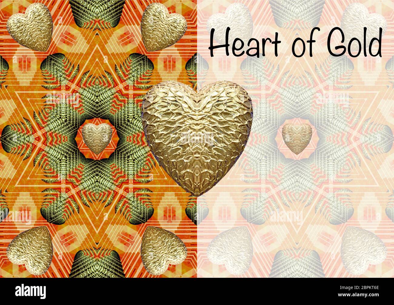 Golden Heart Mandala-Design mit Platz für Textnachrichten. Stockfoto