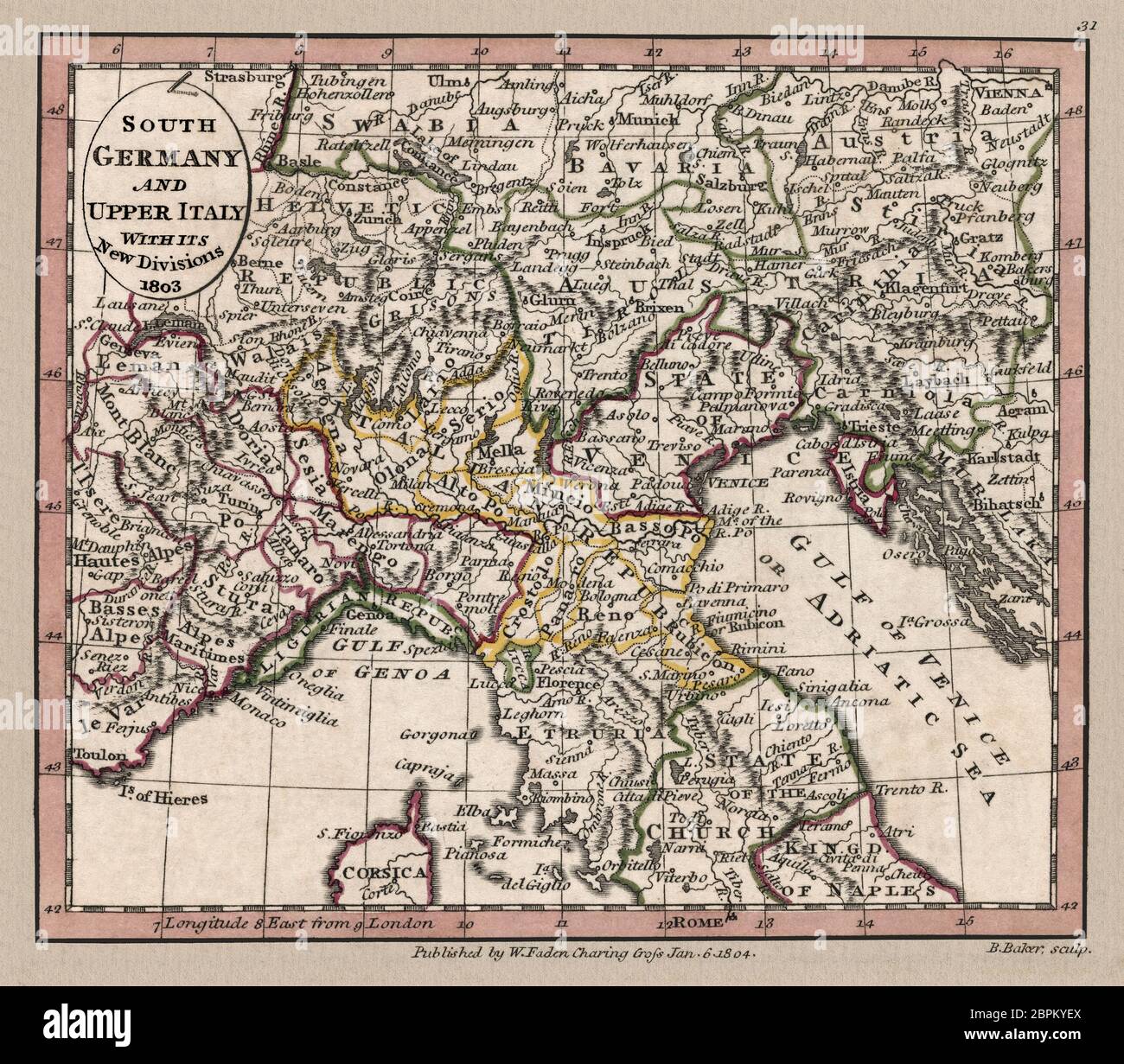 'Süd-Deutschland und Oberitalien mit seinen neuen Abteilungen, 1803.' Karte zeigt geographische Abteilungen um 1803, Dies ist eine schön detaillierte historische Kartenwiedergabe. Original aus einem britischen Atlas, herausgegeben vom berühmten Kartographen William Faden. Stockfoto