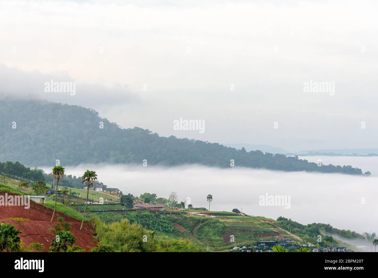 Schöne Natur Landschaft Nebel im Tal und den grünen Berg an der hohen Winkel Aussichtspunkt. Die berühmten Sehenswürdigkeiten in Khao Kho Bezirk, Phet Stockfoto