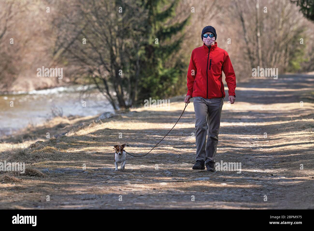 Junger Mann in roter Jacke, Mütze und Sonnenbrille, trägt hausgemachte Virus Gesichtsmaske, geht Hund auf Landstraße. Masken sind obligatorisch außerhalb des Hauses während Stockfoto