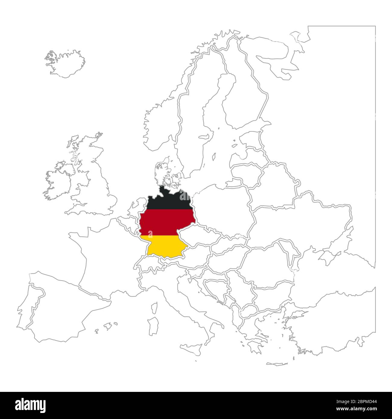 Detaillierte Deutschland Silhouette mit Landesflagge auf Kontur europakarte auf weiß Stock Vektor