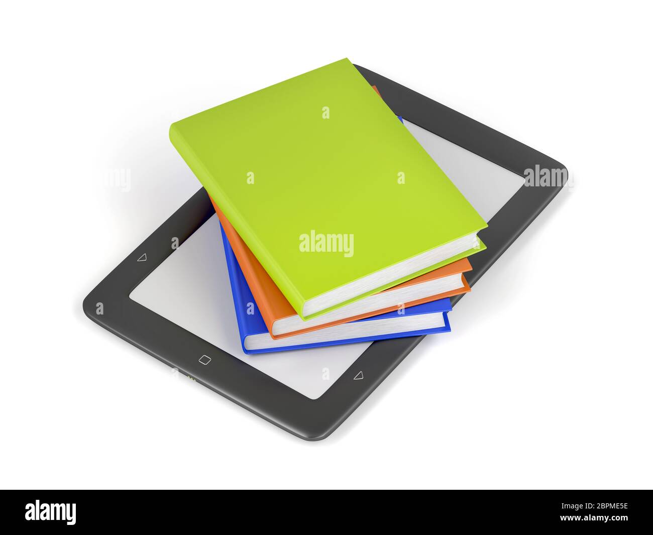 Stapel von bunten Büchern auf elektronischen Buchleser auf weißem Hintergrund Stockfoto