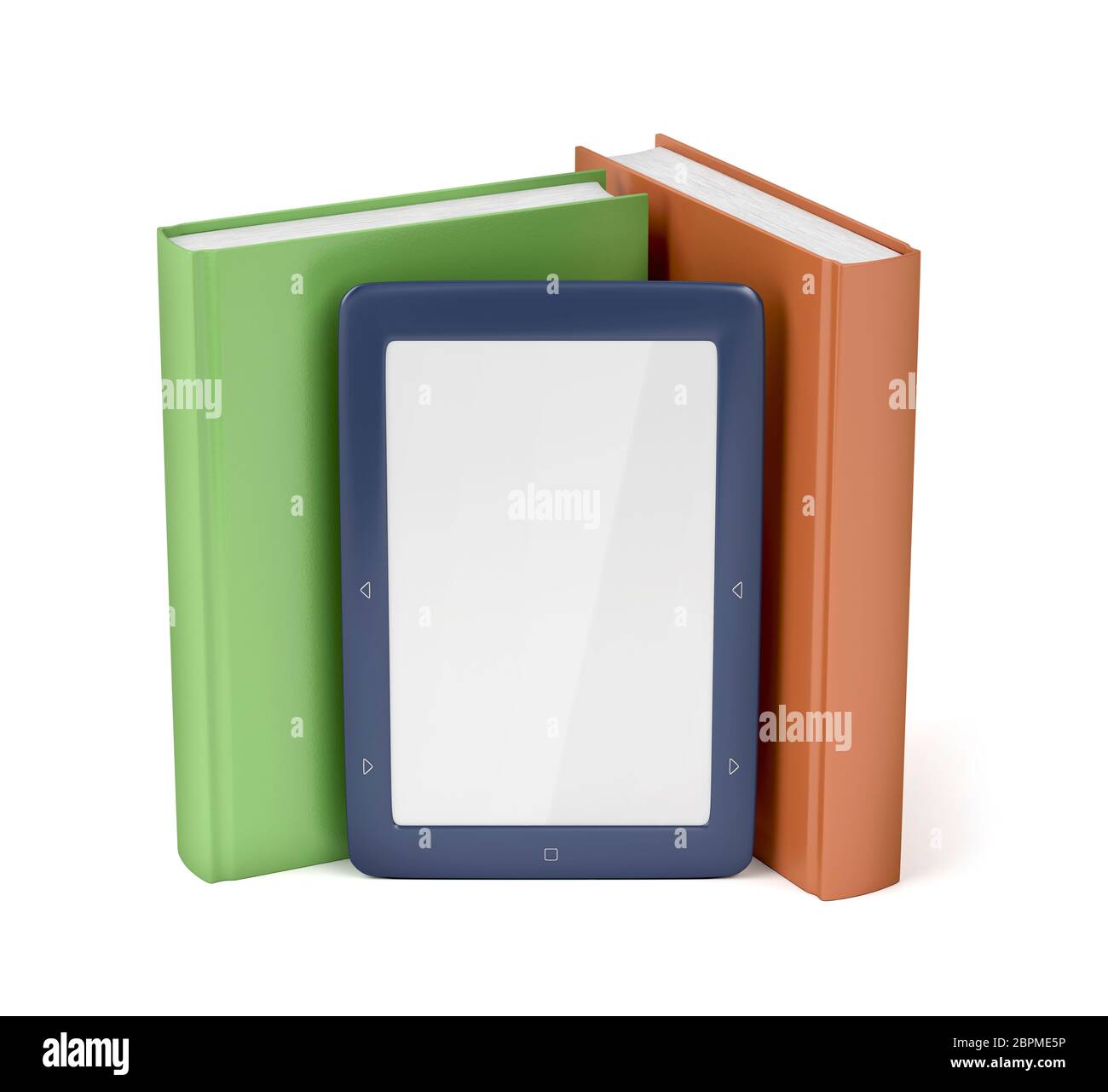 Blauer E-Reader und zwei Bücher auf weißem Hintergrund Stockfoto